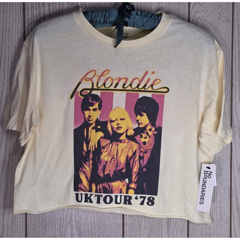NWT No Boundaries Blondie Band Tee Cropped Graphic Shirt Yellow Retro Rock XS